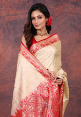 Beige Pastel Banarasi Saree With Blouse Piece - Adi Akshoy & Co.