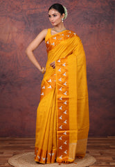Yellow Tussar Kantha Silk Saree With Blouse Piece - Adi Akshoy & Co.