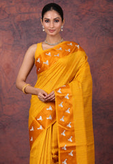 Yellow Tussar Kantha Silk Saree With Blouse Piece - Adi Akshoy & Co.