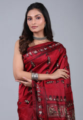 Cross Maroon Pure Baluchari Silk Saree with Blouse Piece - Adi Akshoy & Co.