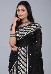 Black Tussar Kantha Silk Saree With Blouse Piece - Adi Akshoy & Co.