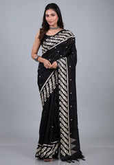 Black Tussar Kantha Silk Saree With Blouse Piece - Adi Akshoy & Co.
