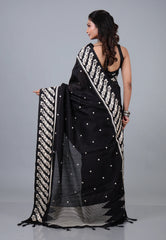 Black Tussar Kantha Silk Saree With Blouse Piece - Adi Akshoy & Co.