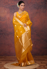 Yellow Pure Kora Silk Saree with Blouse Piece - Adi Akshoy & Co.