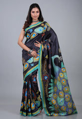 Black Pure Tussar Kantha Silk Saree With Blouse Piece - Adi Akshoy & Co.