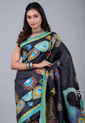 Black Pure Tussar Kantha Silk Saree With Blouse Piece - Adi Akshoy & Co.