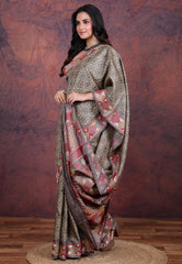 Grey Pure Tussar Kantha Silk Saree With Blouse Piece - Adi Akshoy & Co.