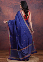 Navy Blue Pure Tussar Kantha Silk Saree With Blouse Piece - Adi Akshoy & Co.