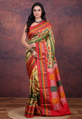 Yellow Pure Kalamkari Silk Saree with Blouse Piece - Adi Akshoy & Co.