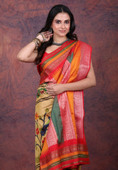 Yellow Pure Kalamkari Silk Saree with Blouse Piece - Adi Akshoy & Co.