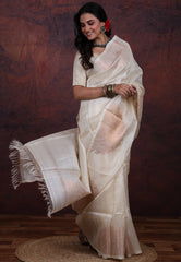 White Pure Tussar Dhakai Jamdani Saree with Blouse Piece - Adi Akshoy & Co.