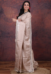 Pale Beige Tussar Kantha Silk Saree With Blouse Piece - Adi Akshoy & Co.