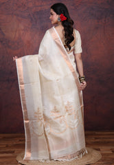 White Pure Tussar Dhakai Jamdani Saree with Blouse Piece - Adi Akshoy & Co.