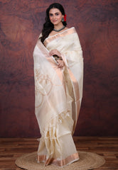 White Pure Tussar Dhakai Jamdani Saree with Blouse Piece - Adi Akshoy & Co.