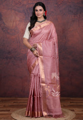 Onion Pink Pure Tussar Dhakai Jamdani Saree with Blouse Piece - Adi Akshoy & Co.