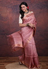 Onion Pink Pure Tussar Dhakai Jamdani Saree with Blouse Piece - Adi Akshoy & Co.