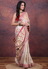 Off White Pure Tussar Kantha Silk Saree With Blouse Piece - Adi Akshoy & Co.