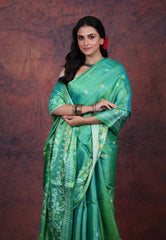 Turquoise Blue Pure Tussar Dhakai Jamdani Saree with Blouse Piece - Adi Akshoy & Co.
