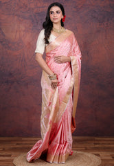Pink Pastel Banarasi Saree With Blouse Piece - Adi Akshoy & Co.