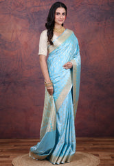 Sky Blue Pastel Banarasi Saree With Blouse Piece - Adi Akshoy & Co.