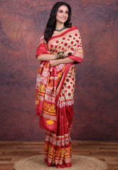 Red & White Pure Tussar Kantha Silk Saree With Blouse Piece - Adi Akshoy & Co.