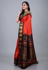 Coral Red Colour Pure Gadwal Silk Saree With Blouse Piece - Adi Akshoy & Co.