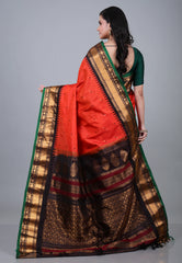 Coral Red Colour Pure Gadwal Silk Saree With Blouse Piece - Adi Akshoy & Co.