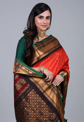 Coral Red Colour Pure Gadwal Silk Saree With Blouse Piece - Adi Akshoy & Co.