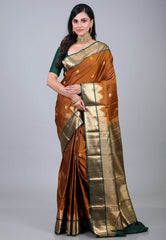 Brown Kanjivaram Silk Saree with Blouse Piece - Adi Akshoy & Co.