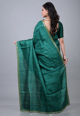 Rama Green Pure Tussar Kantha Silk Saree With Blouse Piece - Adi Akshoy & Co.
