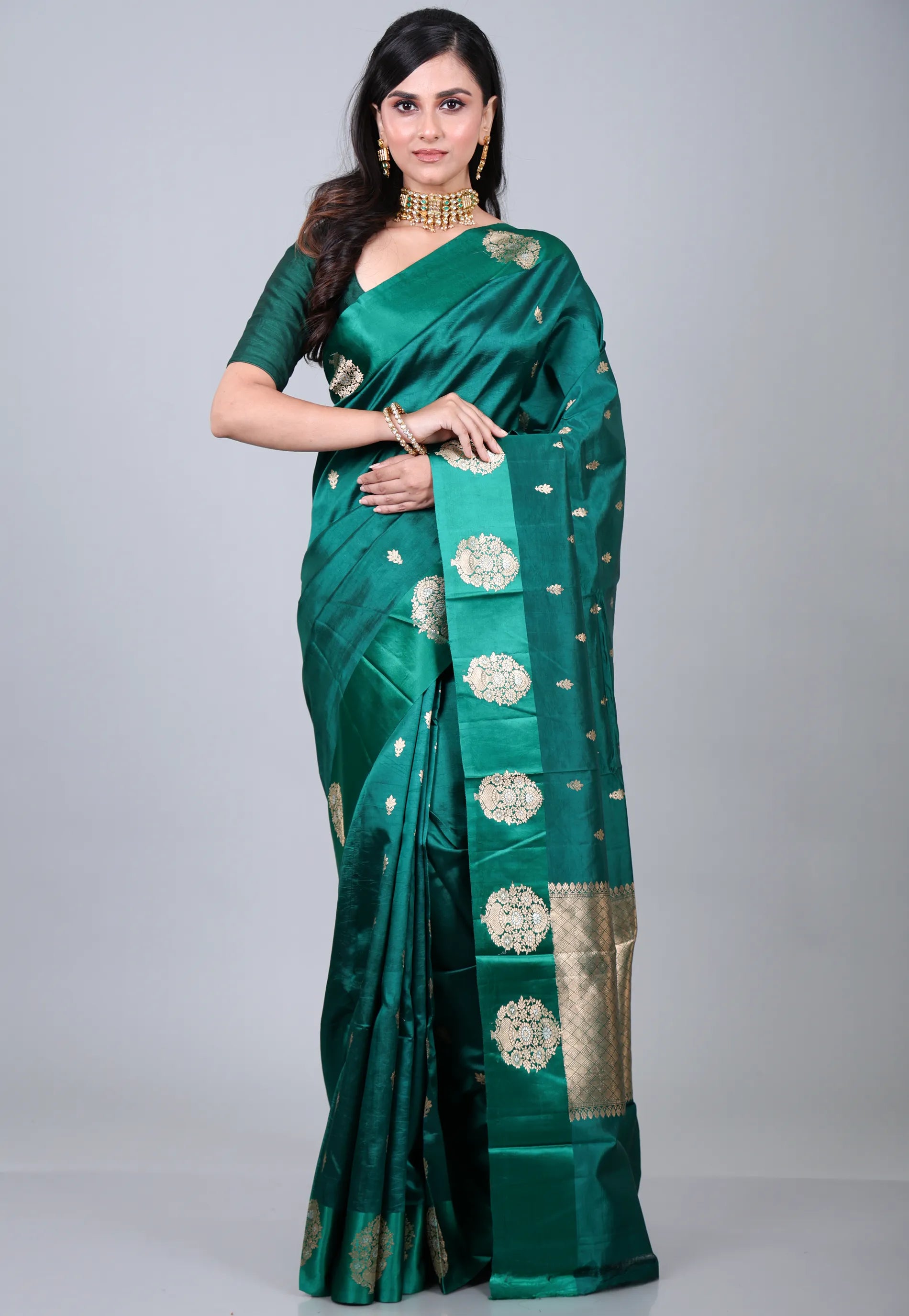 Rama Green Pure Katan Silk Saree with Blouse Piece - Adi Akshoy & Co.