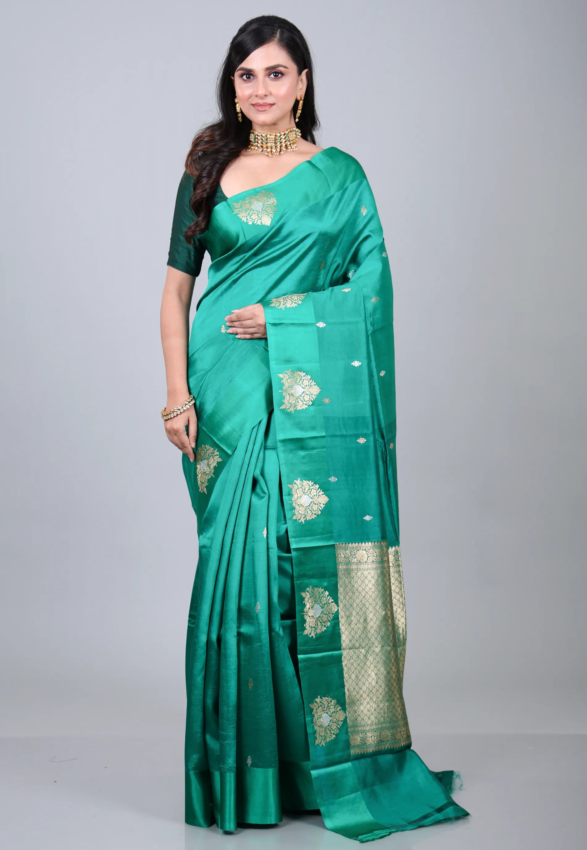Cross Rama Green Pure Katan Silk Saree with Blouse Piece - Adi Akshoy & Co.