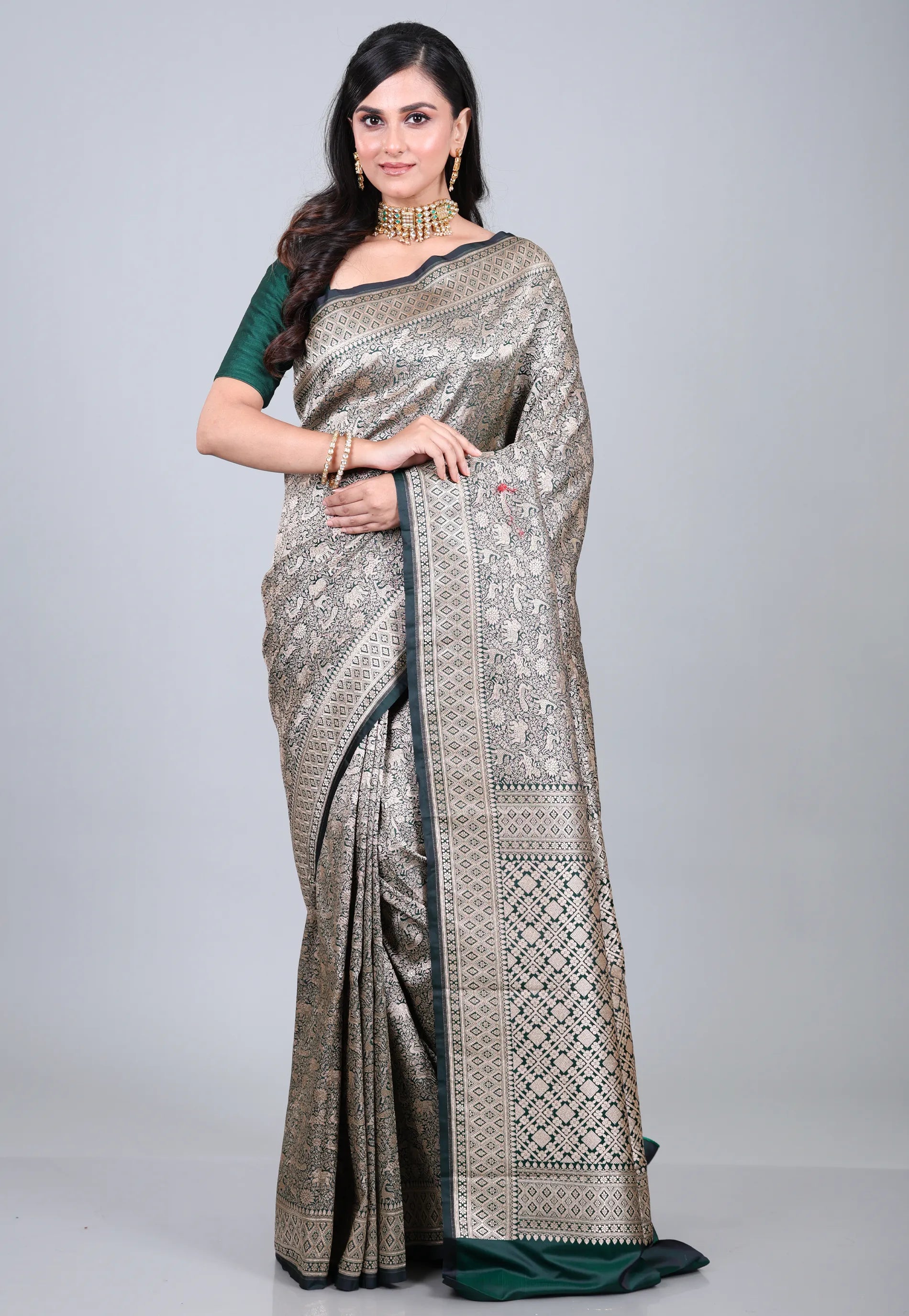 Bottle Green Shikargah Katan Silk Saree With Blouse Piece - Adi Akshoy & Co.