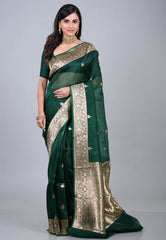 Bottle Green Pure Kora Silk Saree with Blouse Piece - Adi Akshoy & Co.
