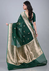 Bottle Green Pure Kora Silk Saree with Blouse Piece - Adi Akshoy & Co.