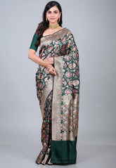 Bottle Green Pure Meena Katan Silk Saree with Blouse Piece - Adi Akshoy & Co.