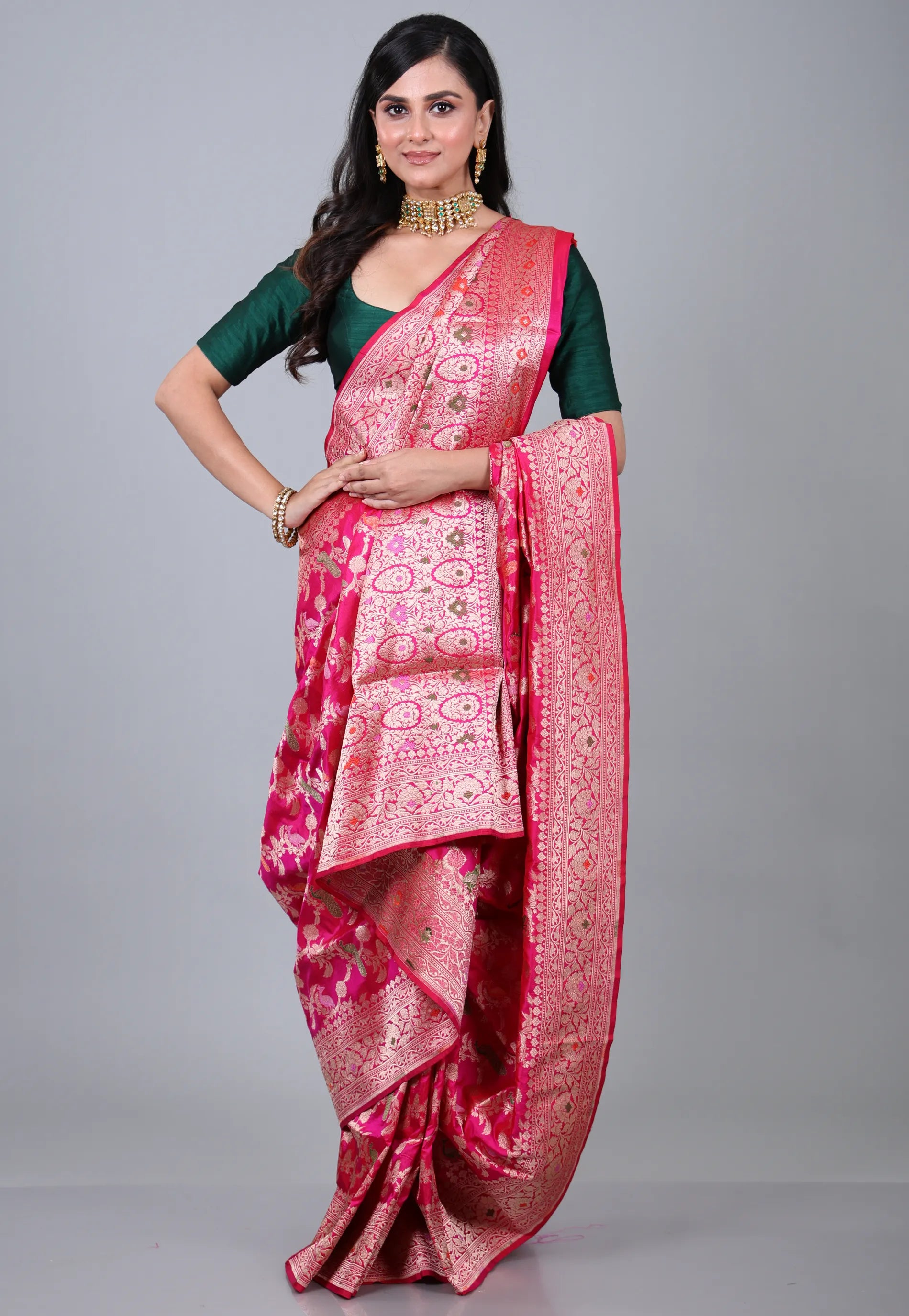 Rani Pink Pure Meena Katan Silk Saree with Blouse Piece - Adi Akshoy & Co.