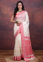 White Pure Tussar Dhakai Jamdani Saree with Blouse Piece - Adi Akshoy & Co.