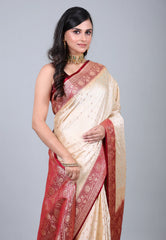Beige Pastel Banarasi Saree With Blouse Piece - Adi Akshoy & Co.