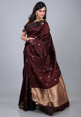 Brown Pure Katan Silk Saree with Blouse Piece - Adi Akshoy & Co.
