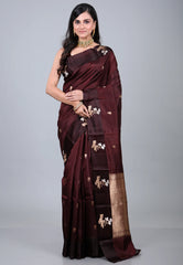 Brown Pure Katan Silk Saree with Blouse Piece - Adi Akshoy & Co.