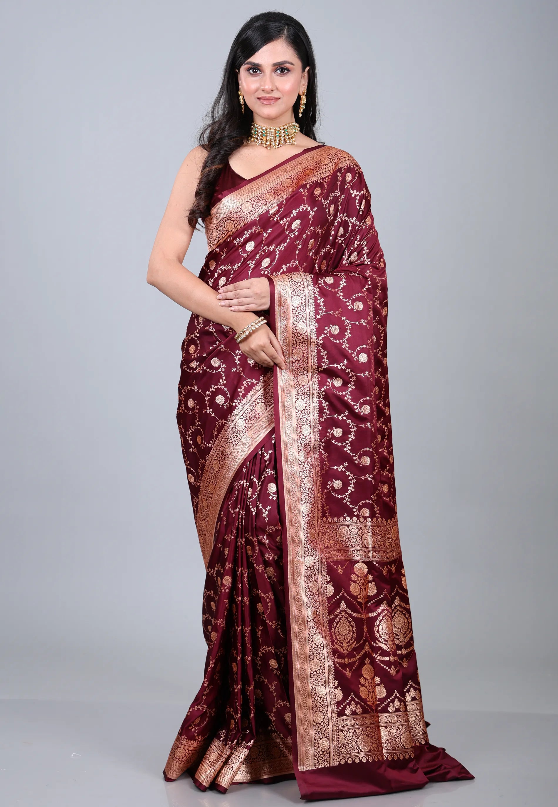 Maroon Wedding Jaal Banarasi Silk Saree with Blouse Piece - Adi Akshoy & Co.