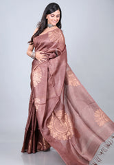 Mauve Pure Tussar Dhakai Jamdani Saree with Blouse Piece - Adi Akshoy & Co.