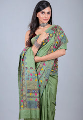 Green Pure Tussar Kantha Silk Saree With Blouse Piece - Adi Akshoy & Co.