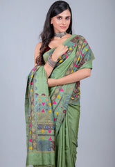 Green Pure Tussar Kantha Silk Saree With Blouse Piece - Adi Akshoy & Co.