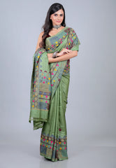Green Pure Tussar Kantha Silk Saree With Blouse Piece - Adi Akshoy & Co.