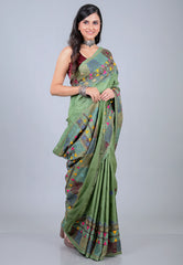 Green Pure Tussar Kantha Silk Saree With Blouse Piece - Adi Akshoy & Co.