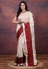 Off White Pure Tussar Kantha Silk Saree With Blouse Piece - Adi Akshoy & Co.