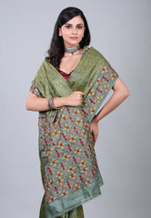Green Pure Tussar Kantha Silk Saree With Blouse Piece - Adi Akshoy & Co.