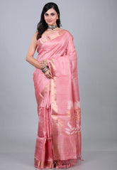 Pink Pure Tussar Dhakai Jamdani Saree with Blouse Piece - Adi Akshoy & Co.